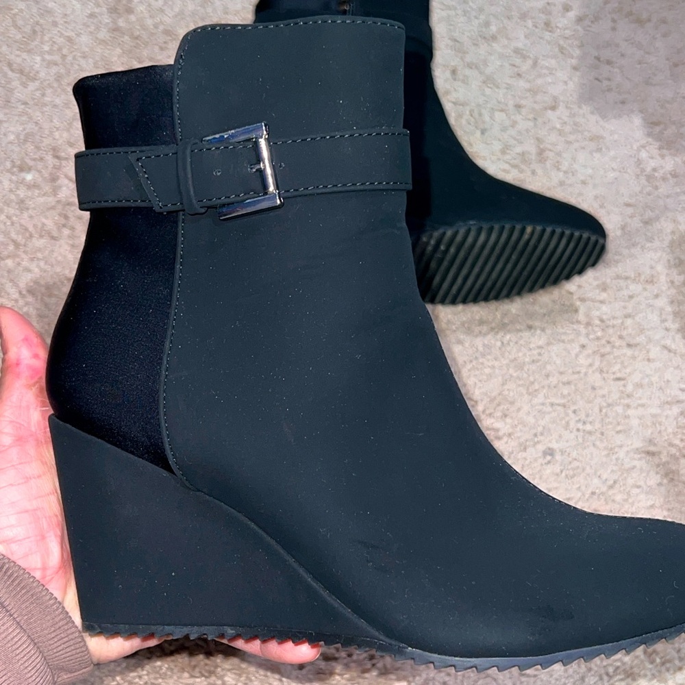 Black ‘silky-suede feel’ wedge boot with silver inside zipper and buckle detail